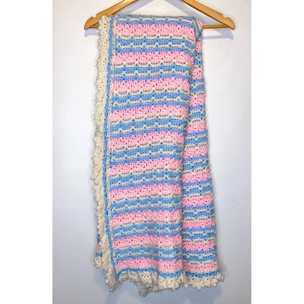 Vtg Handmade Crochet Baby Blanket/Afghan Pink/Blue/Ivory Shower Gift 44x58